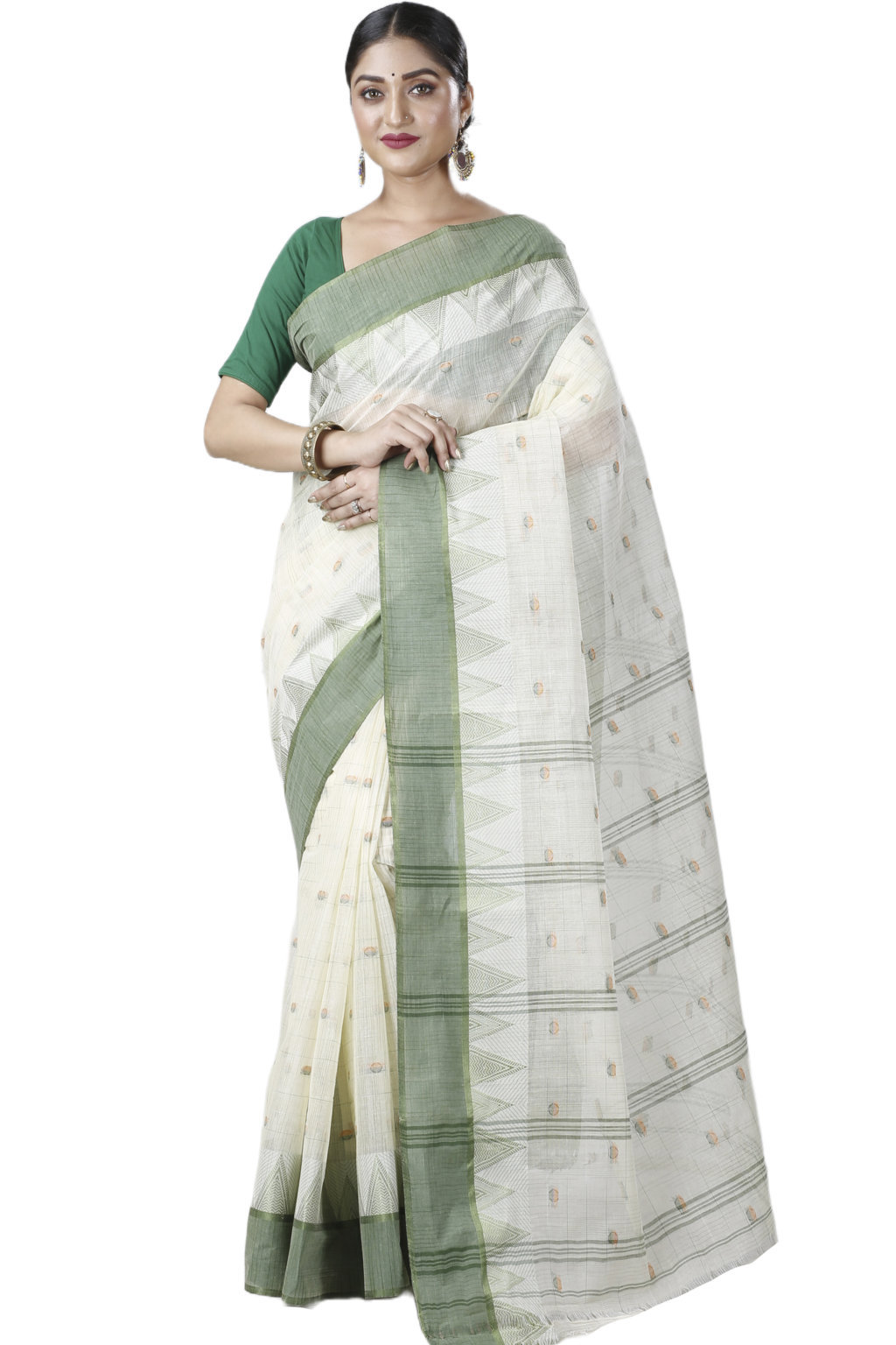 Green Pure Cotton Ishvari Tant Saree (1081)